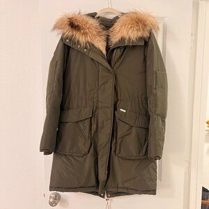 Woolrich Green Down Parka Coat with Fox Fur Lining Hood